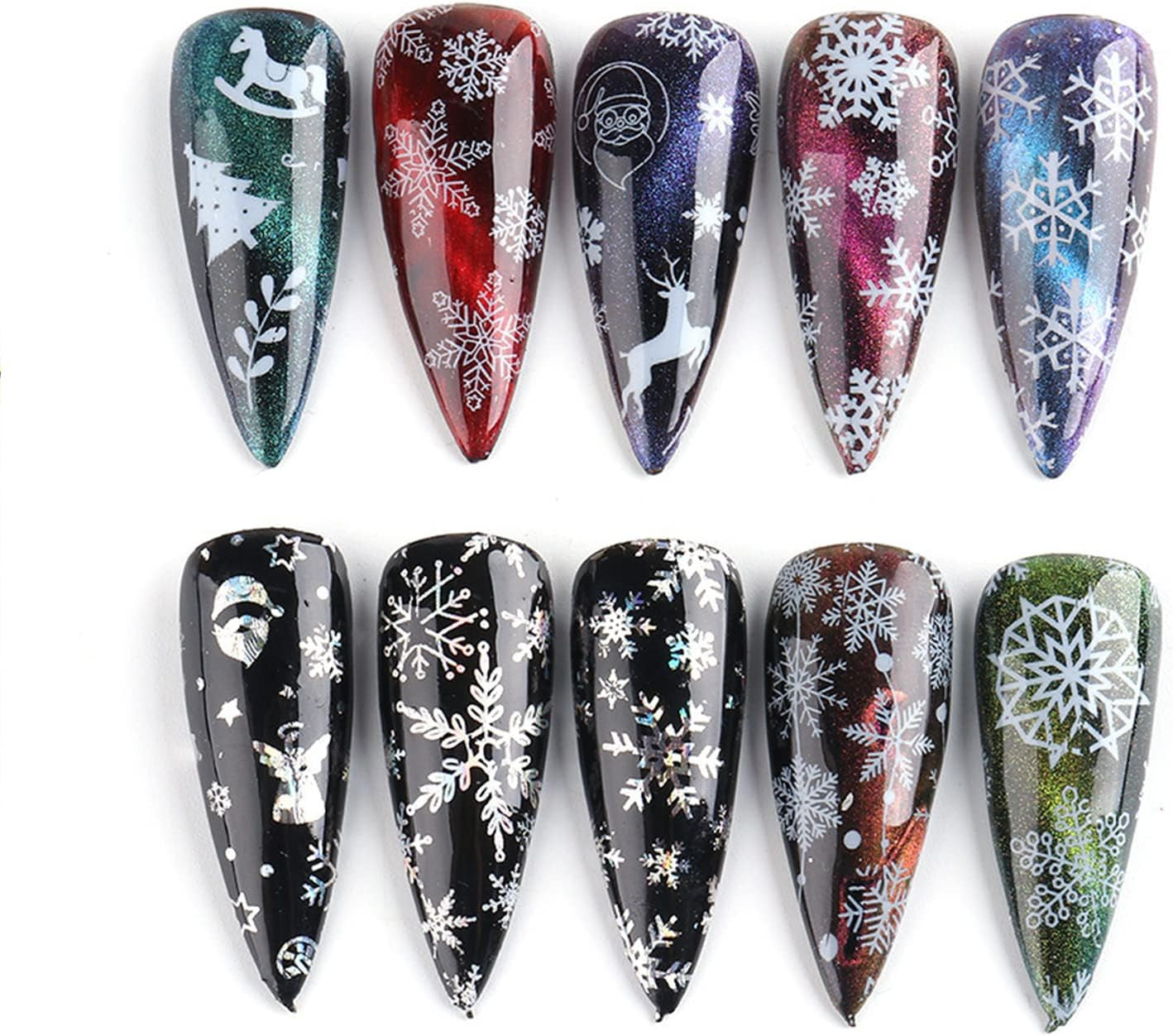 Snowflake Nail Foil Transfer Stickers Christmas, 10 Sheets Nail Art Supplies Nail Foil Transfers Decals Laser White Snowflakes Xmas Tree Elk Star Nails Foils Design Manicure Tips Decoration (Black White)