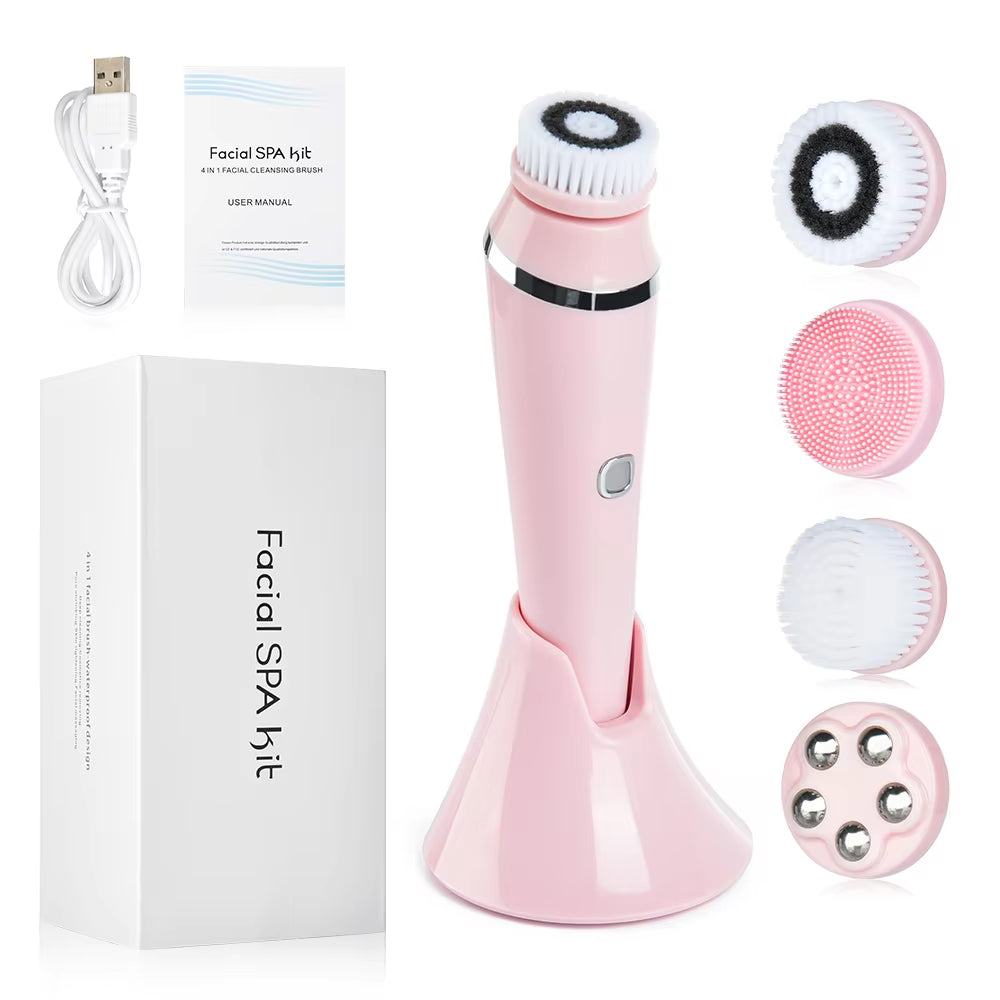 4 in 1 Electric Clean Facial Brush Face Tightening Exfoliating Cleansing Sonic Massager Cleaner with 4 Heads Kit Face Skin Care
