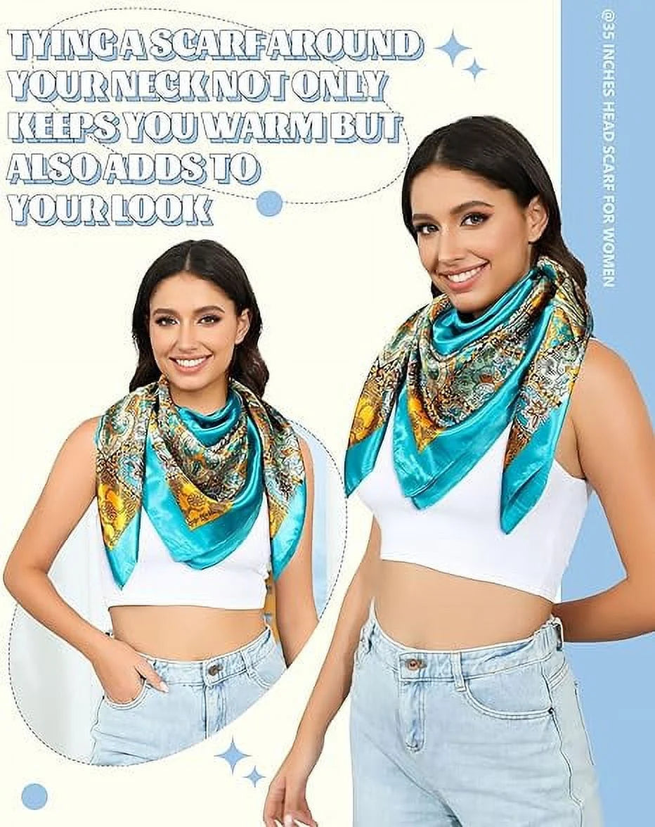 Lux Satin Scarf Set | Silk Feel Headscarves | Large Satin Bandana Trio | 35” Elegant Hair Scarves | Chic Silk Scarf Collection | Satin Style Head Wraps | Versatile Silk Scarves | Glamour Satin Headscarves | Silky Hair Wrap Set | Trendy Satin Scarf Bundle