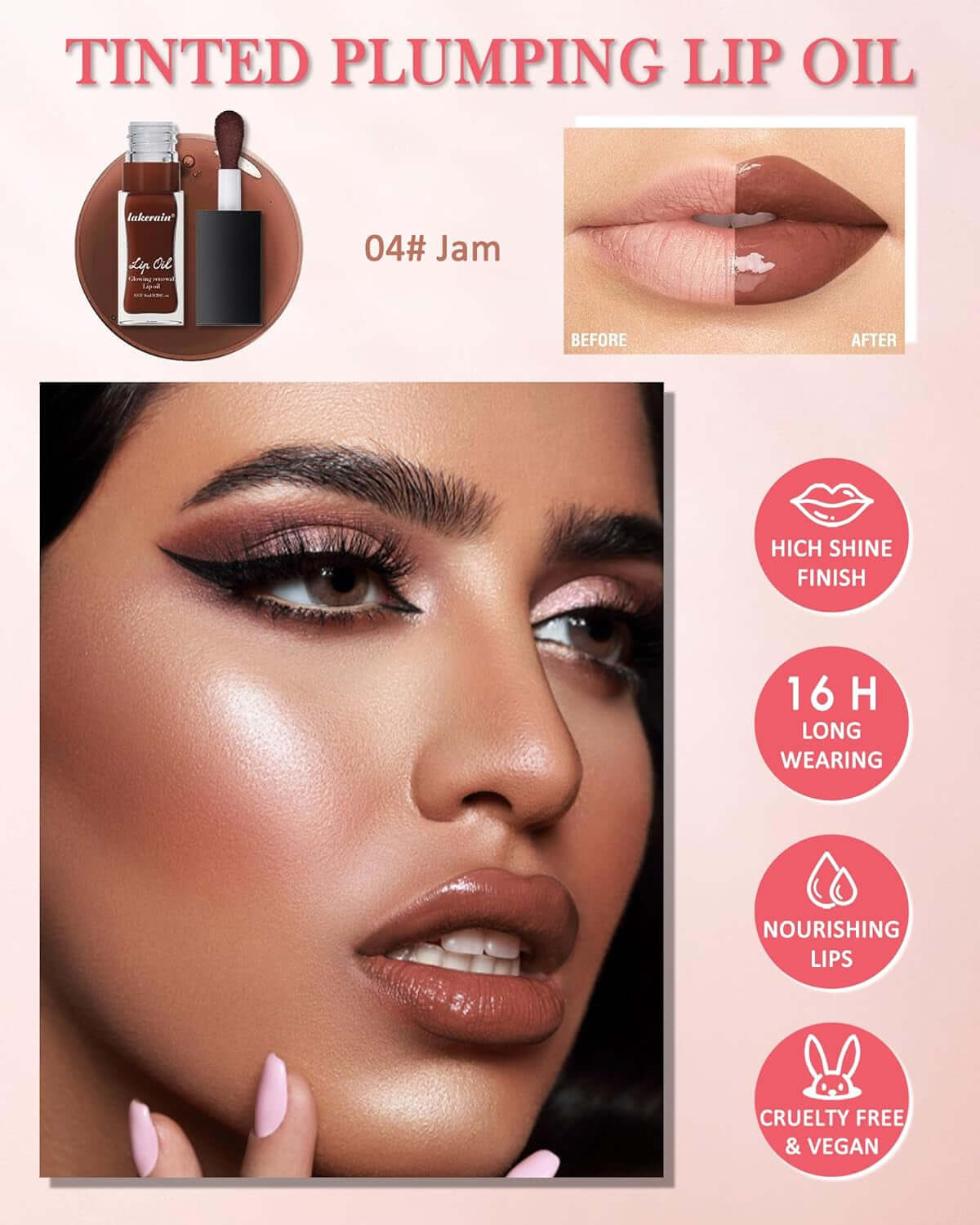 Hydrating Lip Glow Reviver Oil, Tinted Plumping Lip Oil Gloss, Long Lasting Moisturizing Clear, Lip Oil Stain for Lip Care Dry Lips, High Shine Lip Glaze-04