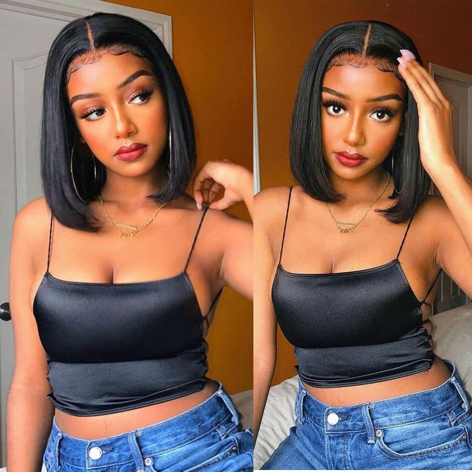 4X4 Bob Closure Wigs Human Hair 180% Density Glueless HD Lace Straight Bob Wigs Pre Plucked Natural Hairline Unprocessed Brazilian Human Hair for Women 14 Inch