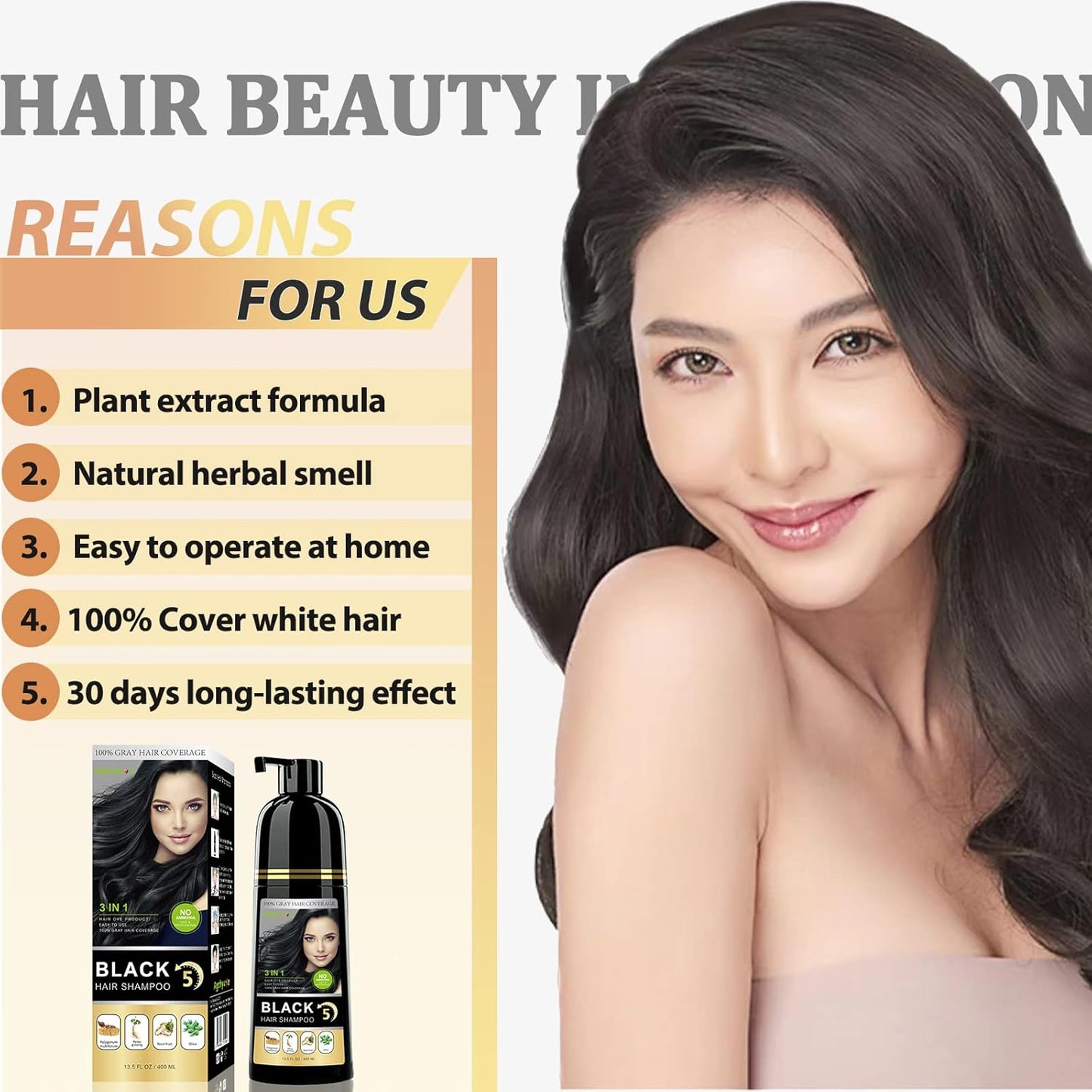 Instant Black Hair Shampoo, 3 in 1 Natural Black Hair Dye Shampoo with Herbs, Cover Greys Hair for Men & Women, Permanent Black Hair Color - Ammonia Free, Herbal Black Hair Dye 400Ml (Black)
