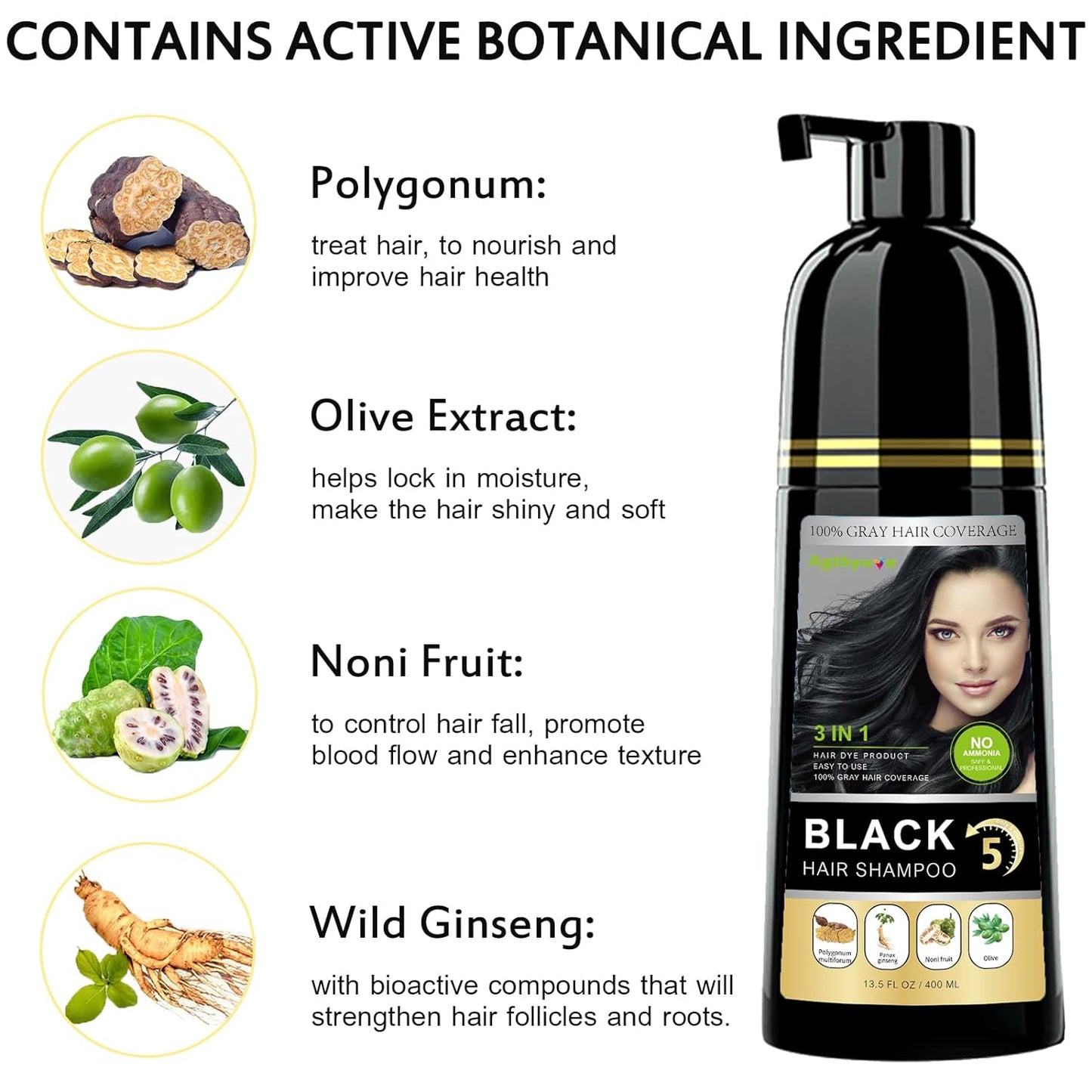 Instant Black Hair Shampoo, 3 in 1 Natural Black Hair Dye Shampoo with Herbs, Cover Greys Hair for Men & Women, Permanent Black Hair Color - Ammonia Free, Herbal Black Hair Dye 400Ml (Black)