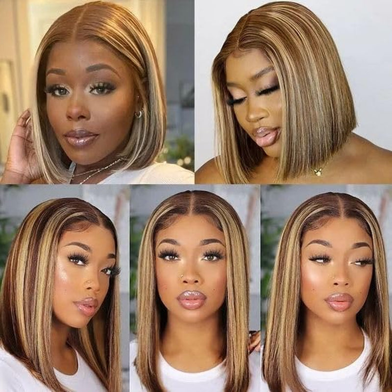 Bob Wig Human Hair Glueless Wigs Human Hair Pre Plucked Pre Cut Human Hair Wig Lace Front Wigs Human Hair 13X4 150% Density Highlight 14Inch Human Hair Wigs for Black Women