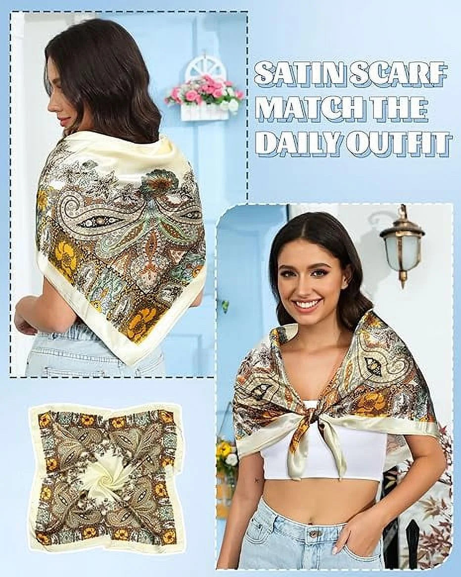Lux Satin Scarf Set | Silk Feel Headscarves | Large Satin Bandana Trio | 35” Elegant Hair Scarves | Chic Silk Scarf Collection | Satin Style Head Wraps | Versatile Silk Scarves | Glamour Satin Headscarves | Silky Hair Wrap Set | Trendy Satin Scarf Bundle