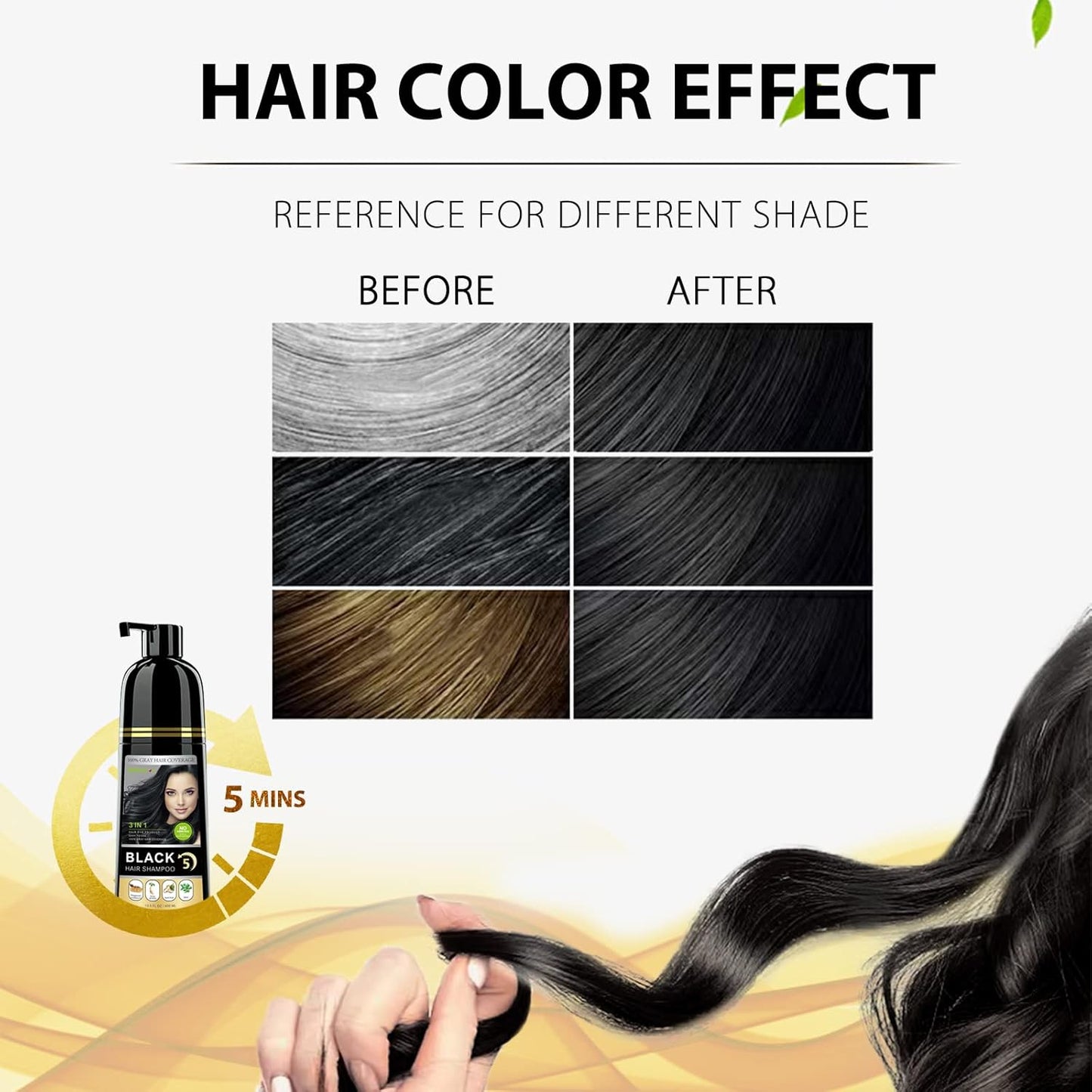 Instant Black Hair Shampoo, 3 in 1 Natural Black Hair Dye Shampoo with Herbs, Cover Greys Hair for Men & Women, Permanent Black Hair Color - Ammonia Free, Herbal Black Hair Dye 400Ml (Black)