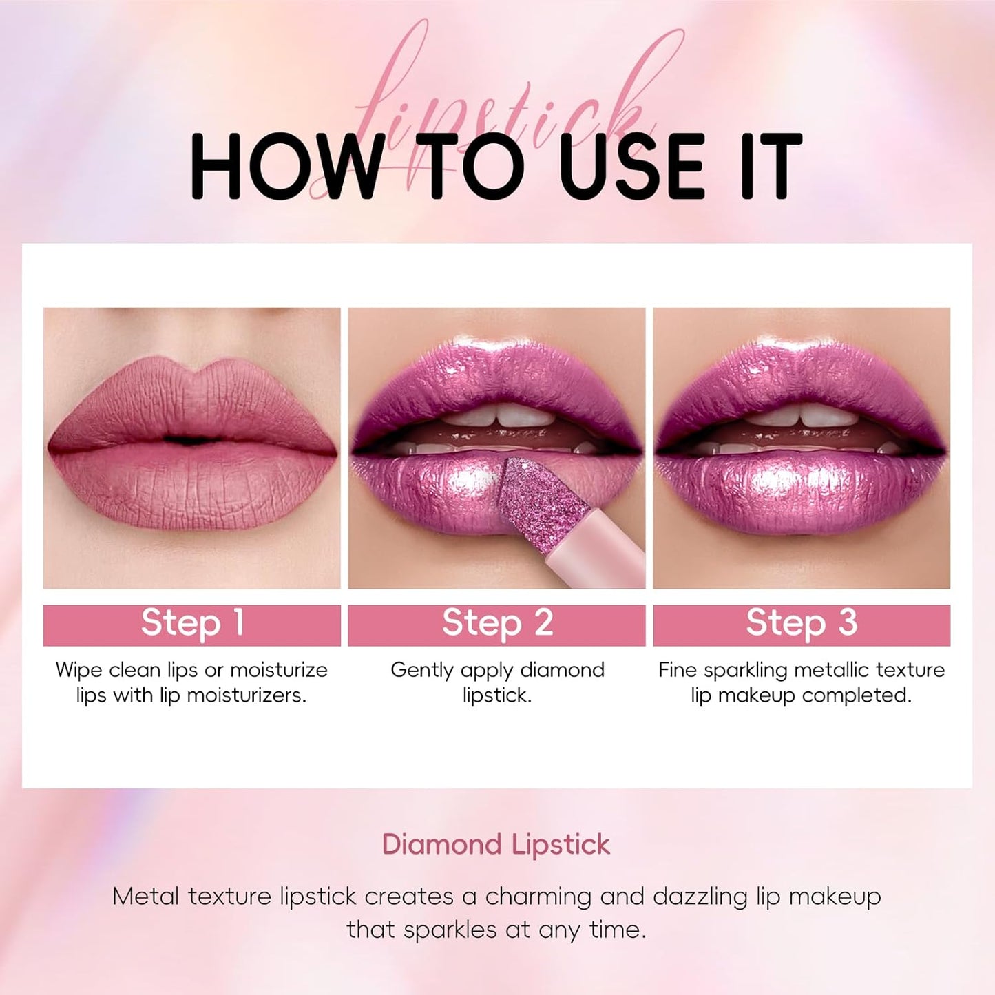 Metallic Hot Pink Lipstick Long Lasting, High Shine Glitter Diamond Creamy Lipstick Transfer Proof, Shimmer High Impact Lip Color Full Coverage Non Stick Cup Lightweight Lip Makeup#22