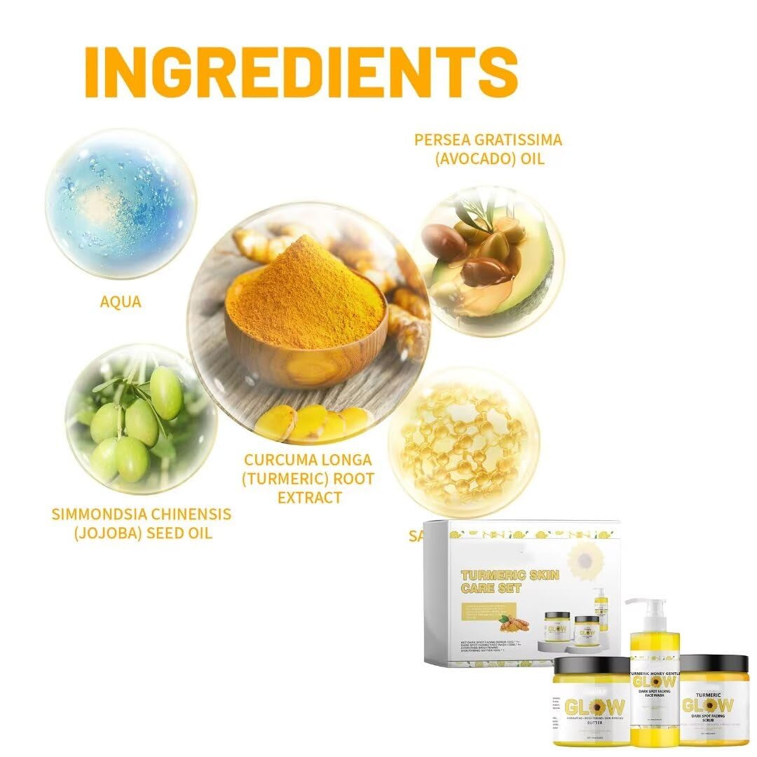 Turmeric Glow Combo Skincare Set Face Wash Scrub Butter anti Aging Moisturizer for Wrinkles, Soothing Hydrating Turmeric Skincare Set for Face & Body