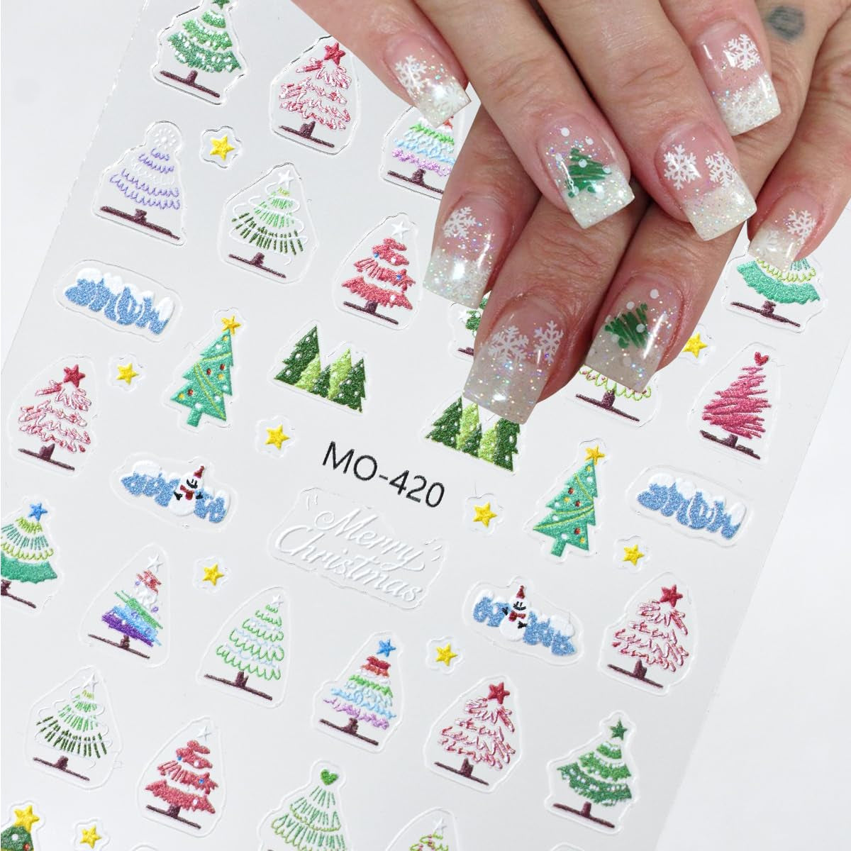 6Sheets Christmas Nail Art Stickers 3D Self Adhesive Nail Decals Pink Christmas Tree Holly Snowflake Christmas Wreath Designs New Year Xmas Holiday Nail Supplies for Women DIY Manicure Decoration