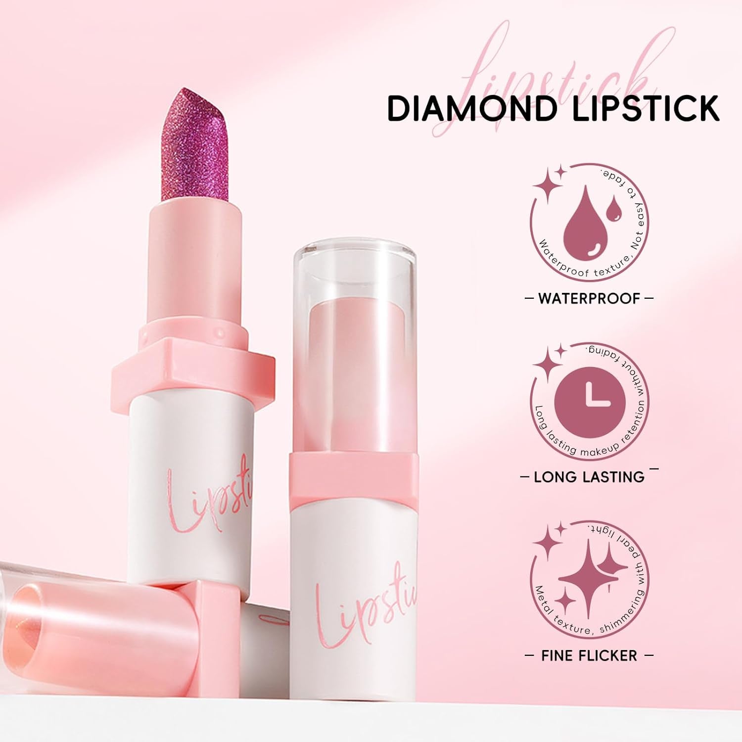 Metallic Hot Pink Lipstick Long Lasting, High Shine Glitter Diamond Creamy Lipstick Transfer Proof, Shimmer High Impact Lip Color Full Coverage Non Stick Cup Lightweight Lip Makeup#22