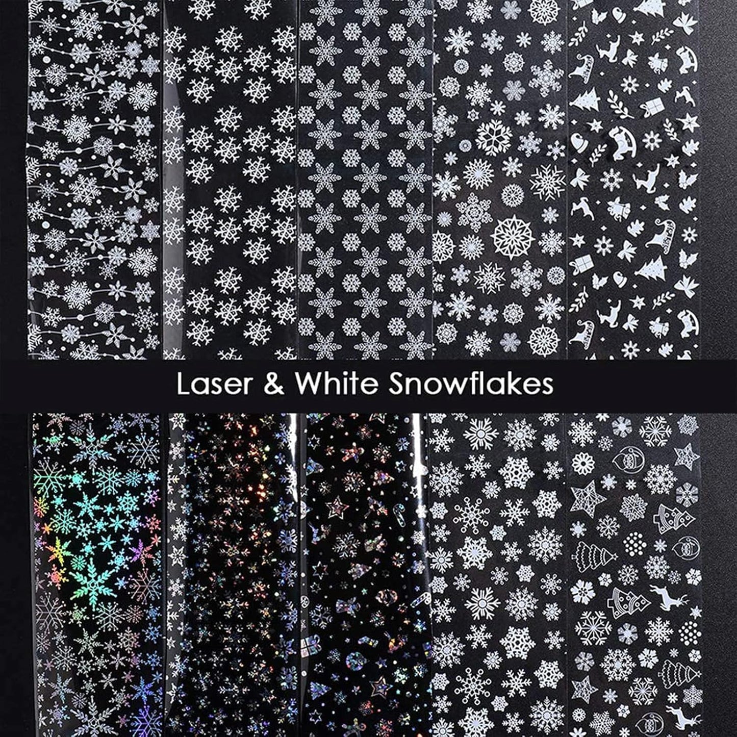 Snowflake Nail Foil Transfer Stickers Christmas, 10 Sheets Nail Art Supplies Nail Foil Transfers Decals Laser White Snowflakes Xmas Tree Elk Star Nails Foils Design Manicure Tips Decoration (Black White)