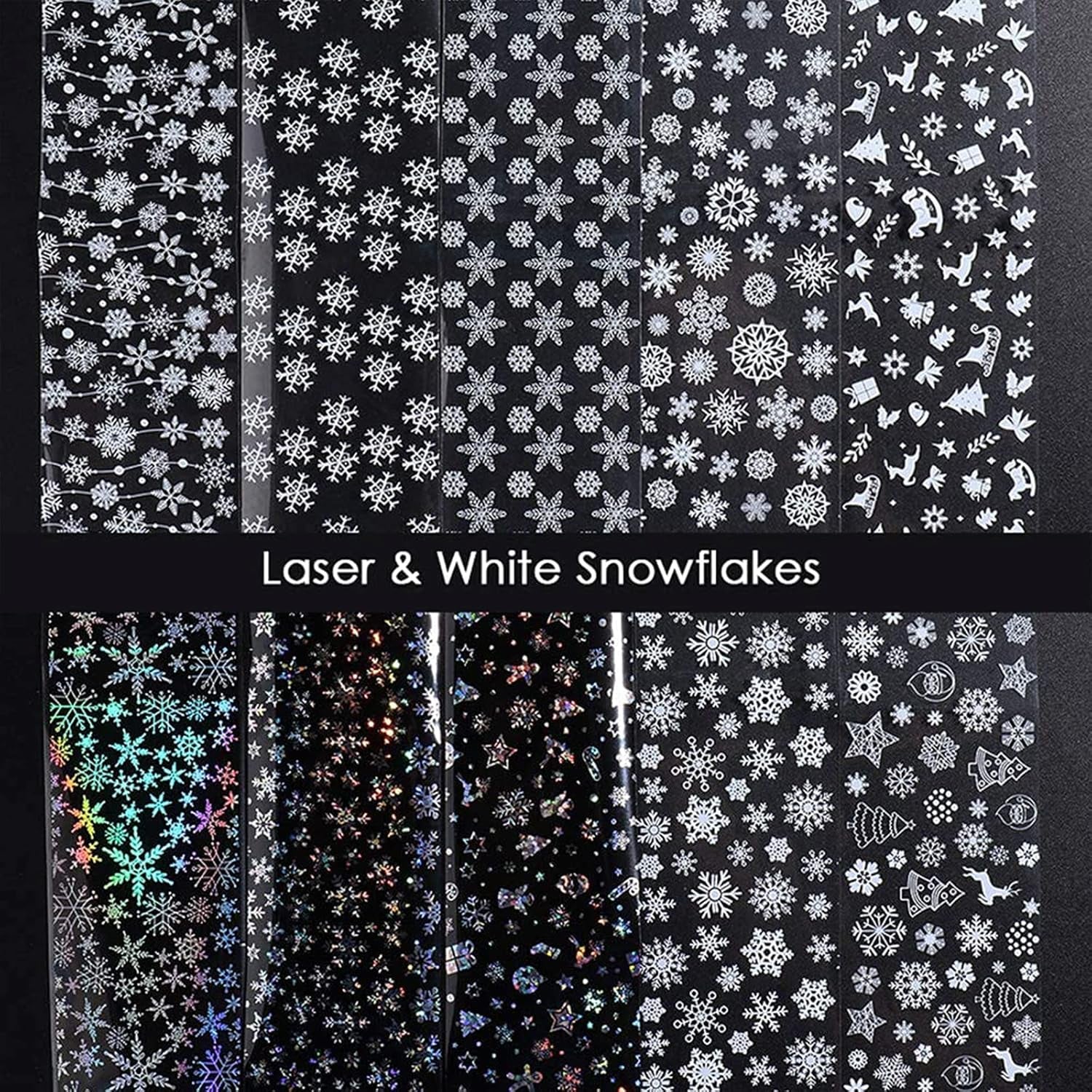 Snowflake Nail Foil Transfer Stickers Christmas, 10 Sheets Nail Art Supplies Nail Foil Transfers Decals Laser White Snowflakes Xmas Tree Elk Star Nails Foils Design Manicure Tips Decoration (Black White)
