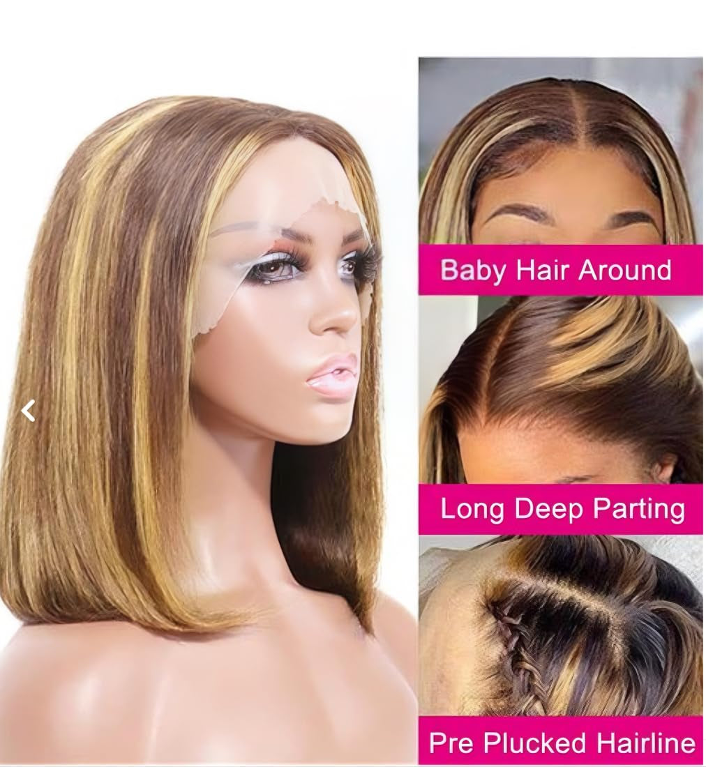 Bob Wig Human Hair Glueless Wigs Human Hair Pre Plucked Pre Cut Human Hair Wig Lace Front Wigs Human Hair 13X4 150% Density Highlight 14Inch Human Hair Wigs for Black Women