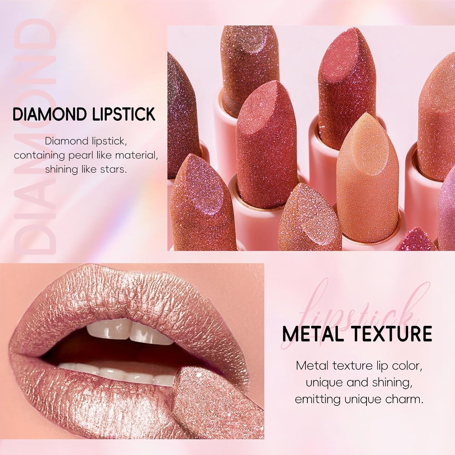 Metallic Champagne Glitter Lipstick for Women,Long Lasting High Shine Diamond Creamy Lipstick Transfer Proof, Shimmer Full Coverage Non Stick Cup Lightweight High Impact Lip Color Makeup#10