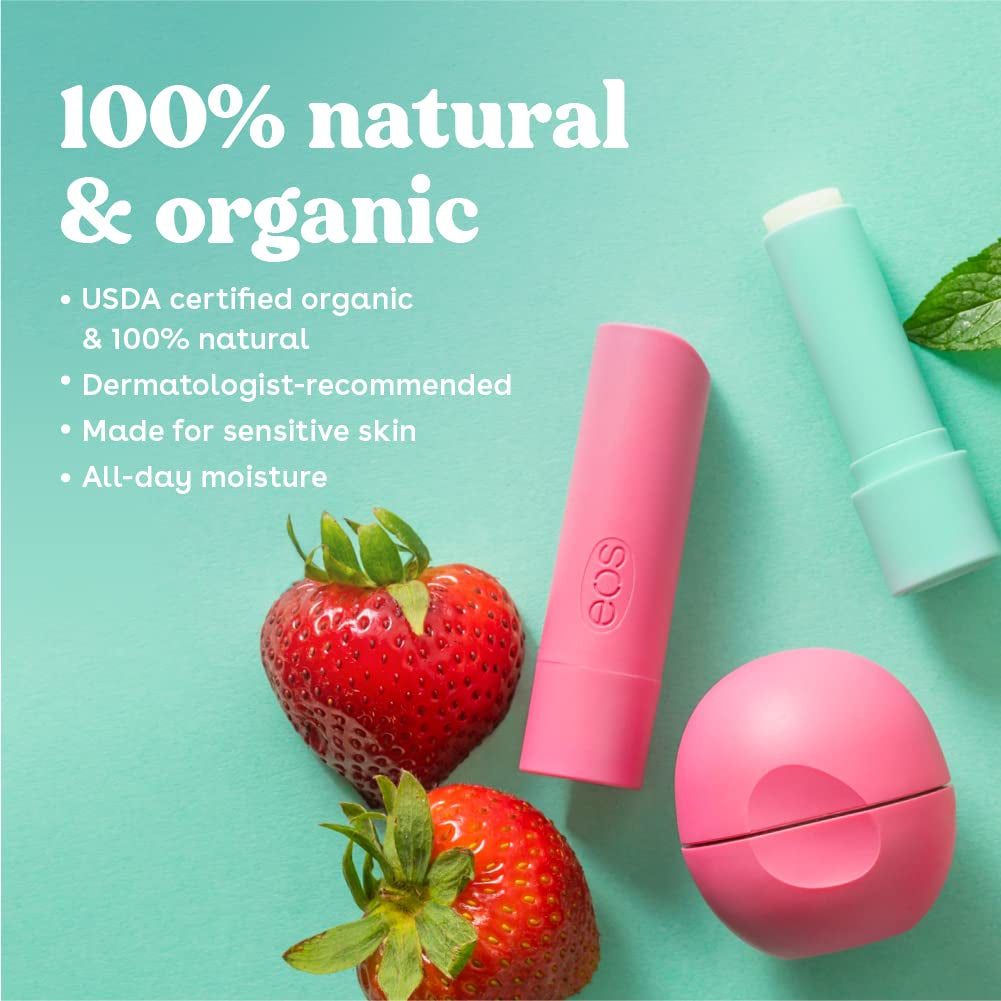 Eos 100% Natural & Organic Lip Balm- Strawberry Sorbet, All-Day Moisture, Dermat