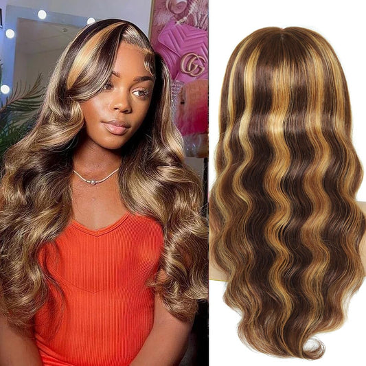 Body Wave Highlight Lace Front Wigs Human Hair 13X6 Hd T Lace Front Wigs Human Hair Pre Plucked 4/27 Colored 180% Density HD Honey Blond Wigs for Black Women Ombre Transparent Lace Wig ( 18 Inch)