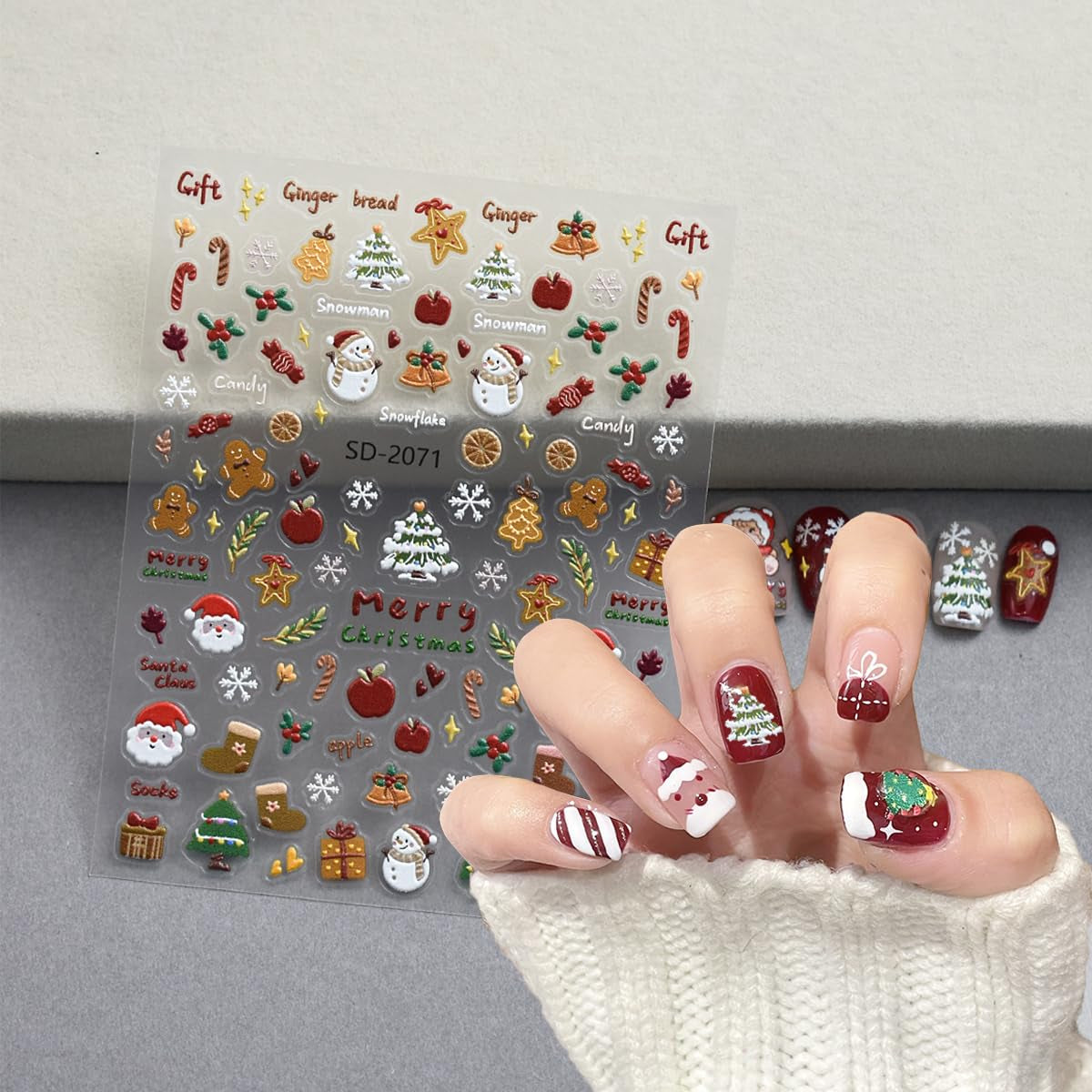 6Sheets Christmas Nail Art Stickers 3D Self Adhesive Nail Decals Pink Christmas Tree Holly Snowflake Christmas Wreath Designs New Year Xmas Holiday Nail Supplies for Women DIY Manicure Decoration