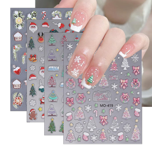 6Sheets Christmas Nail Art Stickers 3D Self Adhesive Nail Decals Pink Christmas Tree Holly Snowflake Christmas Wreath Designs New Year Xmas Holiday Nail Supplies for Women DIY Manicure Decoration