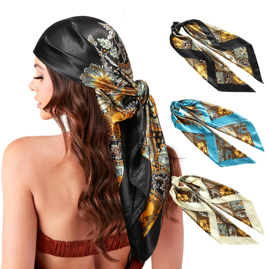 Lux Satin Scarf Set | Silk Feel Headscarves | Large Satin Bandana Trio | 35” Elegant Hair Scarves | Chic Silk Scarf Collection | Satin Style Head Wraps | Versatile Silk Scarves | Glamour Satin Headscarves | Silky Hair Wrap Set | Trendy Satin Scarf Bundle