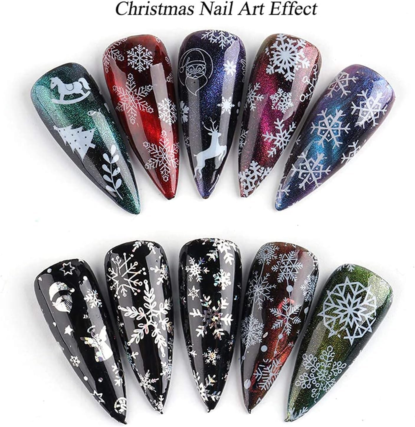 Snowflake Nail Foil Transfer Stickers Christmas, 10 Sheets Nail Art Supplies Nail Foil Transfers Decals Laser White Snowflakes Xmas Tree Elk Star Nails Foils Design Manicure Tips Decoration (Black White)