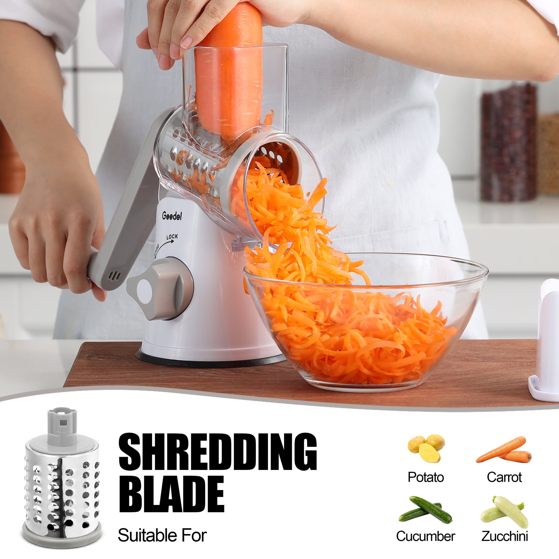 Rotary Cheese Grater, Kitchen Grater Vegetable Slicer with 3 Interchangeable Blades, Powerful Suction, Dishwasher Safe, Easy to Clean Grater for Vegetable, Fruit, Nuts