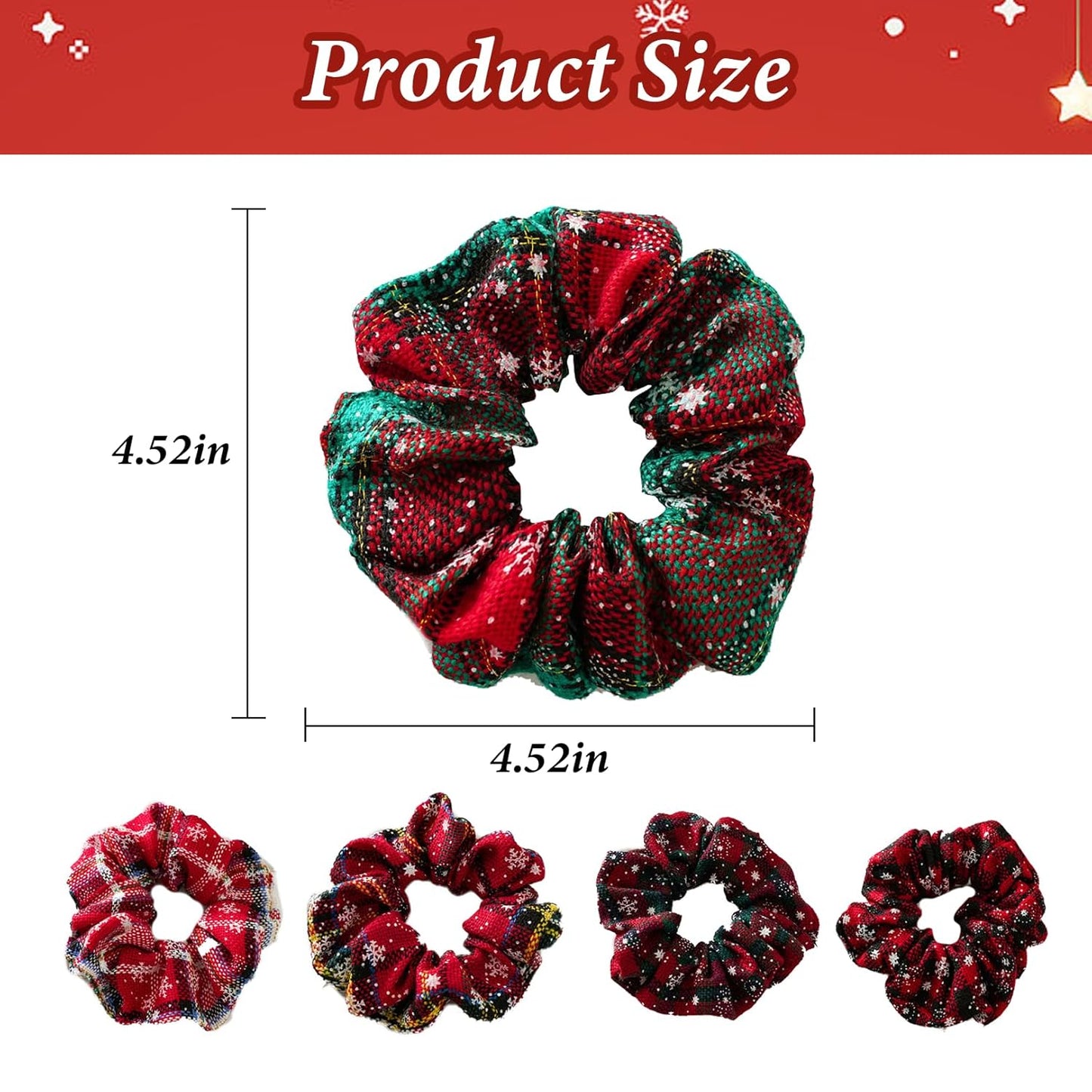 5Pcs Christmas Scrunchies Hair Accessories, Red Green Plaid Scrunchies Snowflake Hair Ties Ponytail Holders Elastic Hair Bands Chrismtas Party Dance Gym Hair Accessories for Women Girls