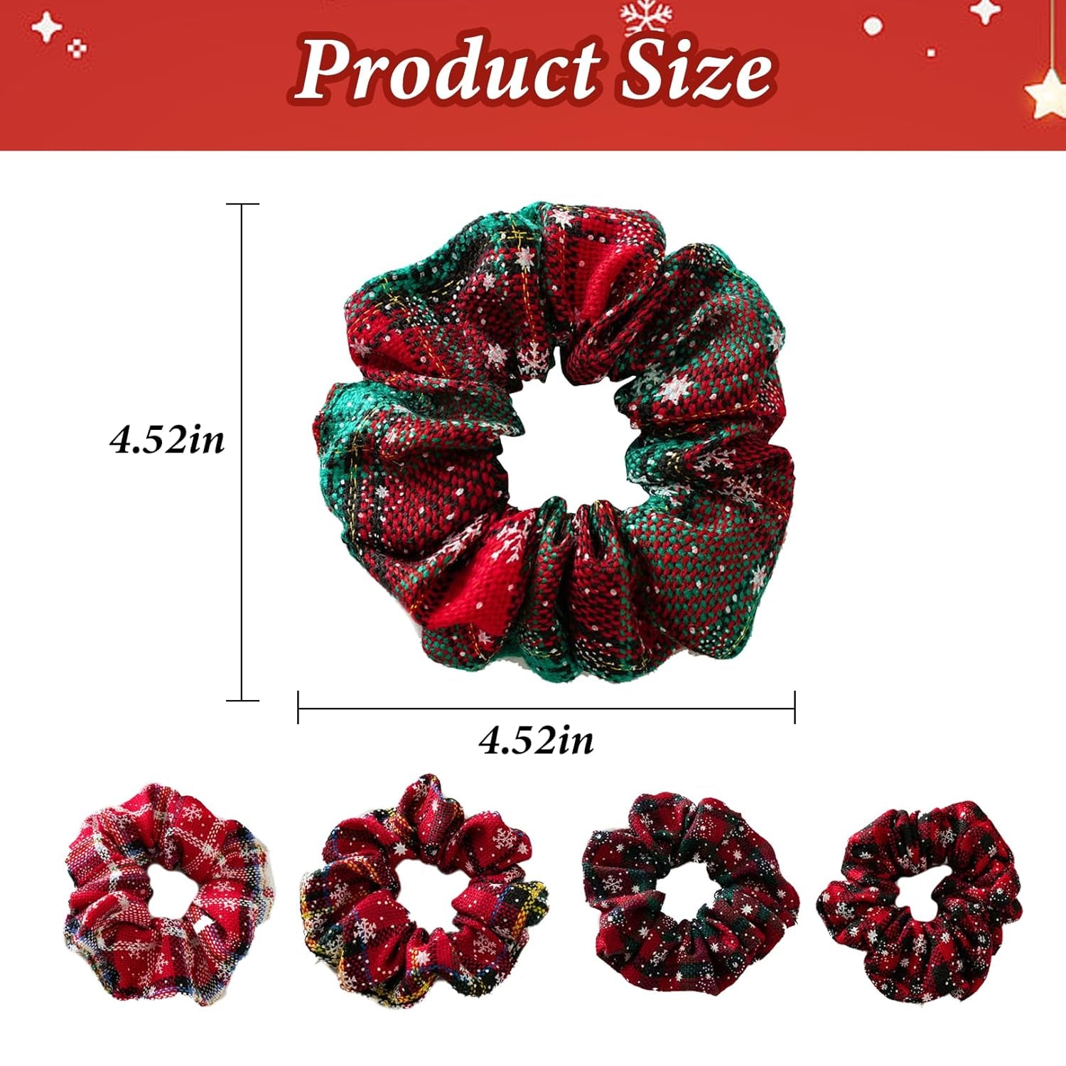 5Pcs Christmas Scrunchies Hair Accessories, Red Green Plaid Scrunchies Snowflake Hair Ties Ponytail Holders Elastic Hair Bands Chrismtas Party Dance Gym Hair Accessories for Women Girls