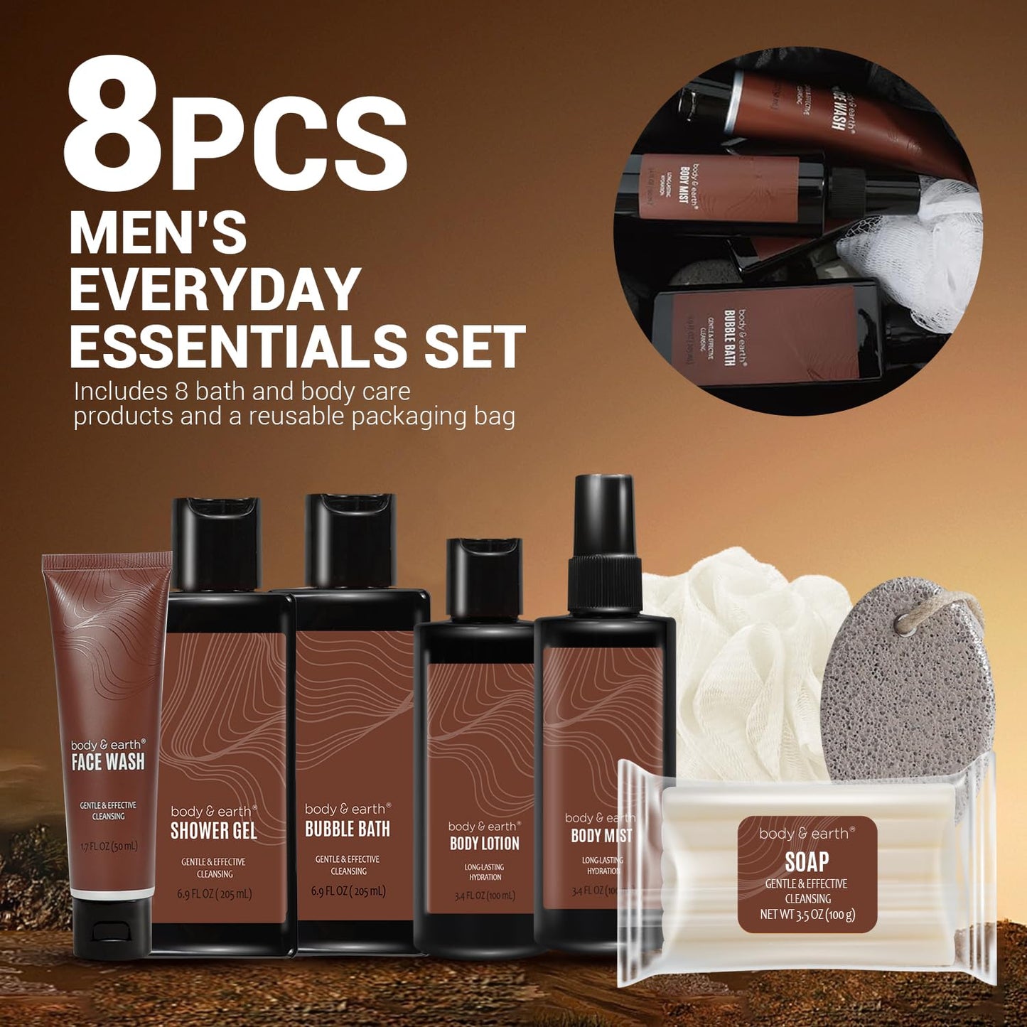 Bath and Body Wash Sets for Men - 8Pcs Spa Baskets Mens Birthday Gifts Sandalwood, Self Care Kit, Husband Men Father'S Day Gifts