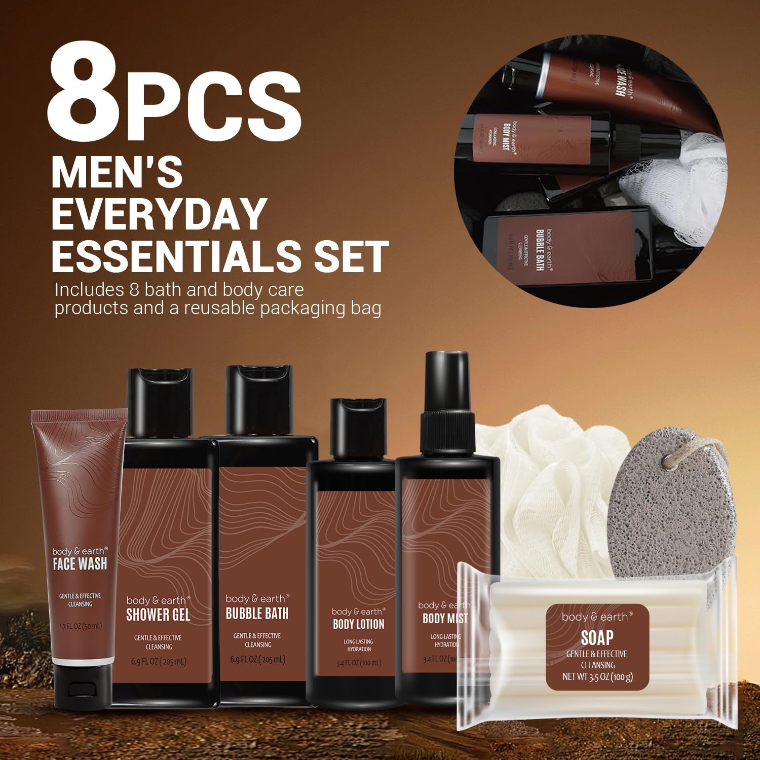 Bath and Body Wash Sets for Men - 8Pcs Spa Baskets Mens Birthday Gifts Sandalwood, Self Care Kit, Husband Men Father'S Day Gifts