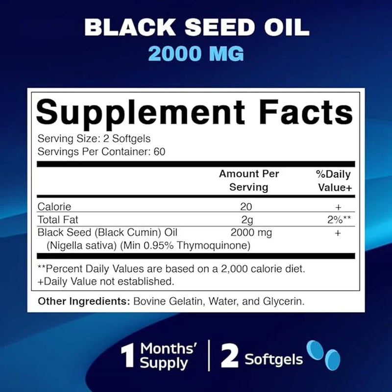 Black Seed Oil Capsules - 2000 Mg per Serving - 120 Softgels - Colde Pressed - Contains Min 0.95% Thymoquinone - Supports Healthy Immune Response - Made in the USA