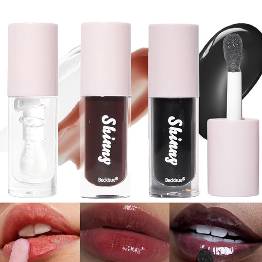 Translucent Black Lip Gloss, Clear/Black Cherry/Black Sugar Lip Oil, Plumping Hydrating Mirror Highlight Lip Gloss Moisturizing Long Lasting & Non-Sticky - Vegan Makeup (3Pcs)