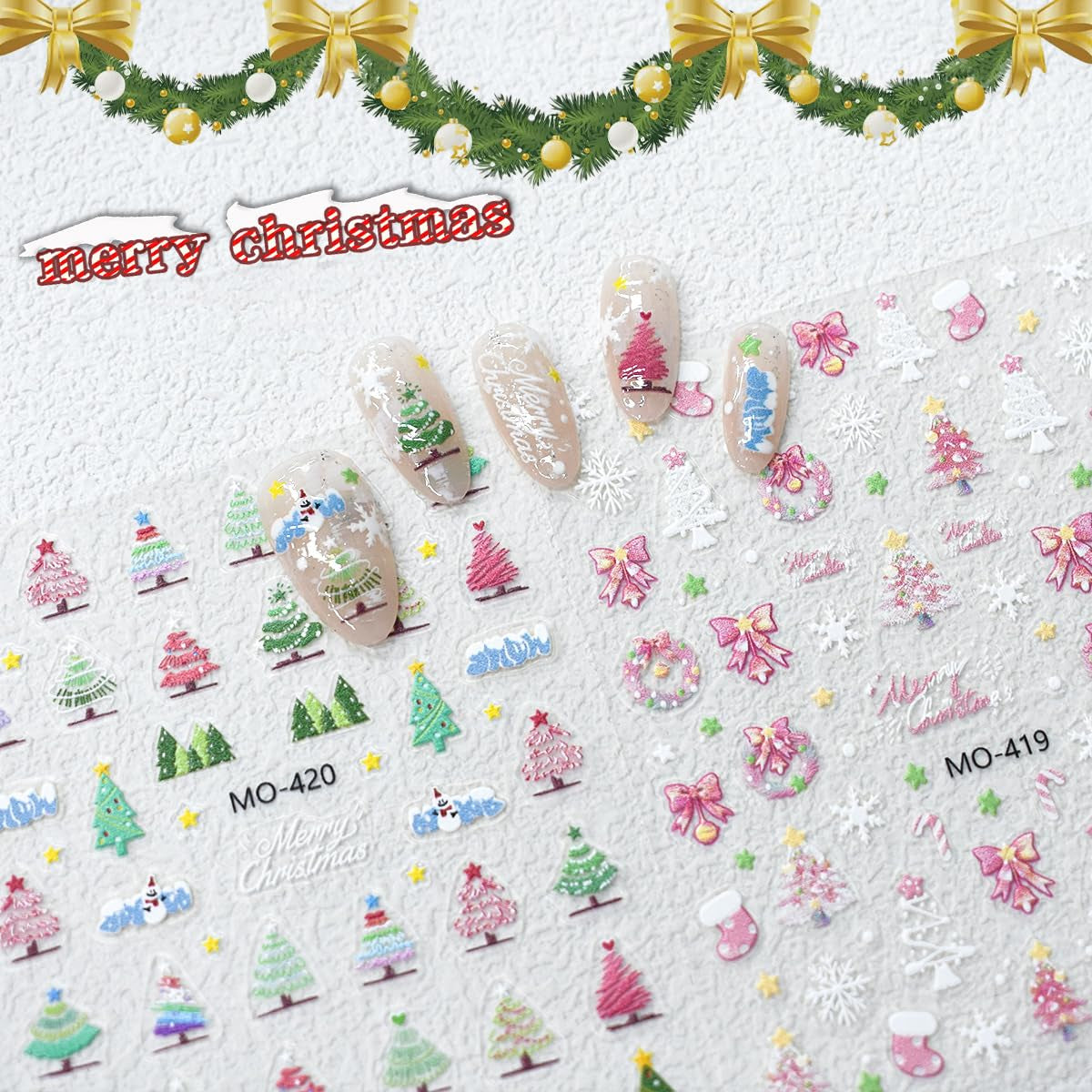 6Sheets Christmas Nail Art Stickers 3D Self Adhesive Nail Decals Pink Christmas Tree Holly Snowflake Christmas Wreath Designs New Year Xmas Holiday Nail Supplies for Women DIY Manicure Decoration