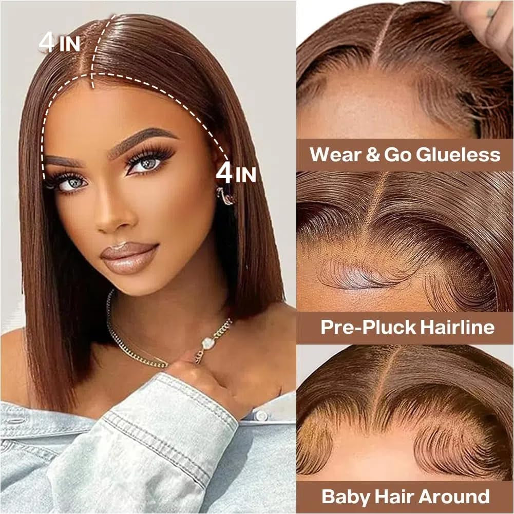 4X4 Straight Bob Wig Human Hair Chocolate Brown Hd Lace Closure Wigs Human Hair Gluless 100% Remy Human Hair for Women Transparent Lace Wig 14 Inch