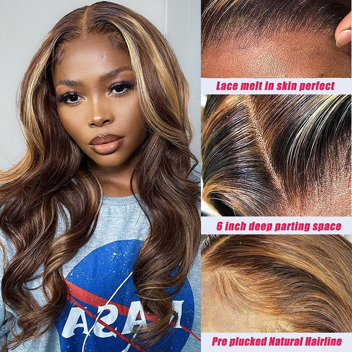 Body Wave Highlight Lace Front Wigs Human Hair 13X6 Hd T Lace Front Wigs Human Hair Pre Plucked 4/27 Colored 180% Density HD Honey Blond Wigs for Black Women Ombre Transparent Lace Wig ( 18 Inch)