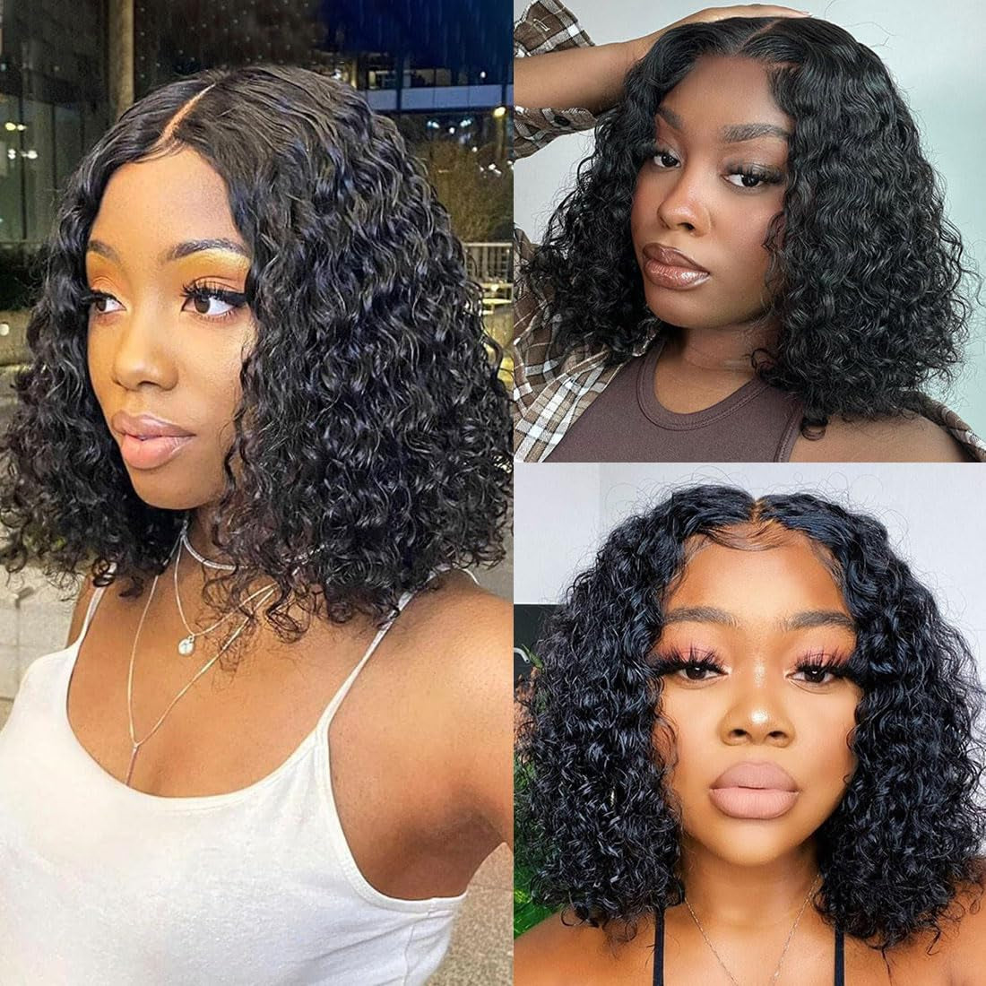 Curly Bob Wigs Human Hair Water Wave 4X4 Closure Glueless Wet and Wavy Lace Front Wigs Human Hair for Black Women with Baby Hair 180% Density Curly Human Hair Wigs Natural Color 24Inch