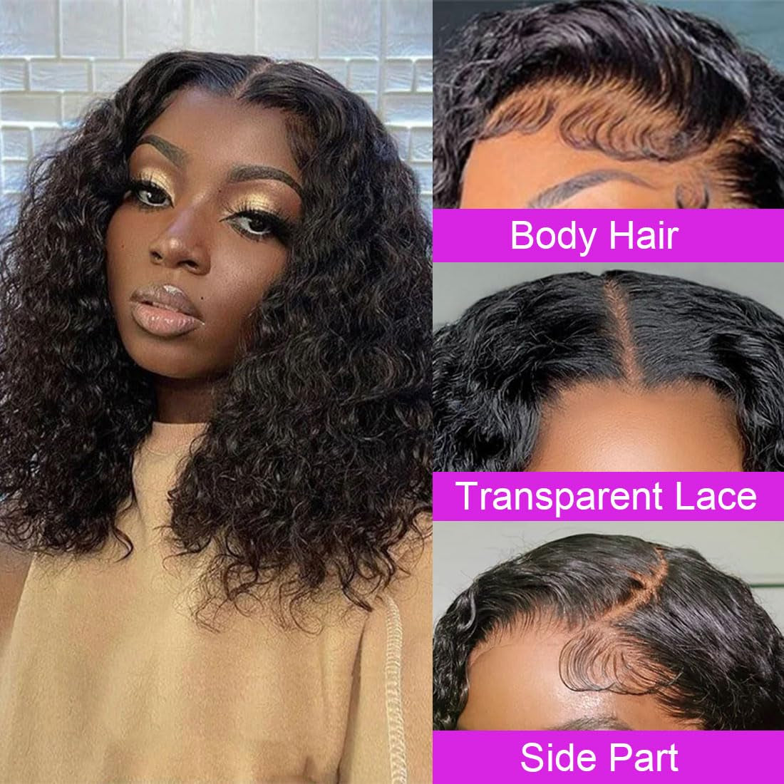 Curly Bob Wigs Human Hair Water Wave 4X4 Closure Glueless Wet and Wavy Lace Front Wigs Human Hair for Black Women with Baby Hair 180% Density Curly Human Hair Wigs Natural Color 24Inch