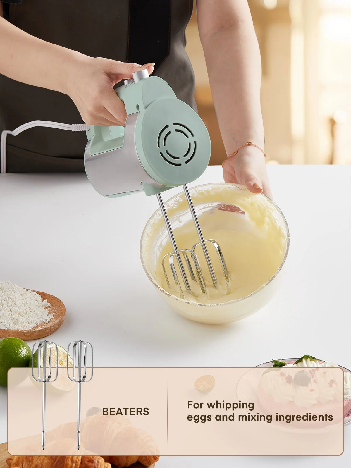 6 Speed Hand Mixer with Turbo Boost, Kitchen Hand Held Mixer Immersion Blender for Food Whipping, Includes 3 Attachments, Green