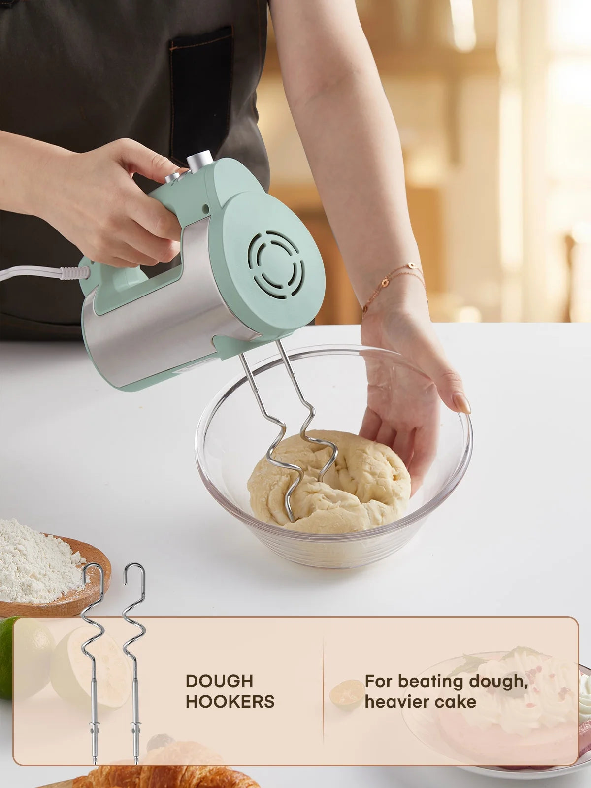 6 Speed Hand Mixer with Turbo Boost, Kitchen Hand Held Mixer Immersion Blender for Food Whipping, Includes 3 Attachments, Green