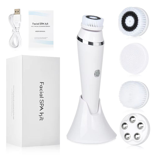 4 in 1 Electric Clean Facial Brush Face Tightening Exfoliating Cleansing Sonic Massager Cleaner with 4 Heads Kit Face Skin Care