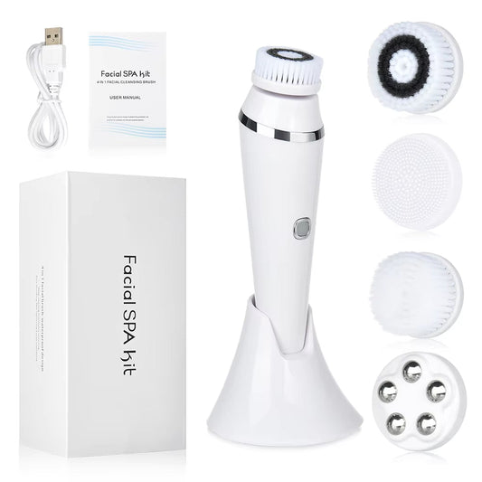 4 in 1 Electric Clean Facial Brush Face Tightening Exfoliating Cleansing Sonic Massager Cleaner with 4 Heads Kit Face Skin Care