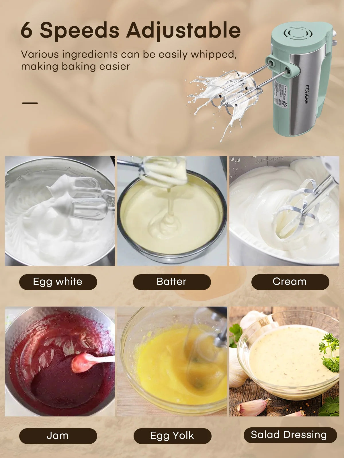 6 Speed Hand Mixer with Turbo Boost, Kitchen Hand Held Mixer Immersion Blender for Food Whipping, Includes 3 Attachments, Green