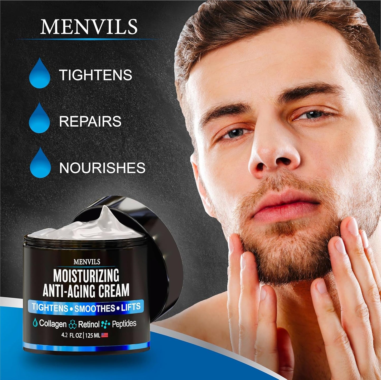 Mens Face Moisturizer Cream - anti Aging & Wrinkle Cream - Face Moisturizer for Men with Collagen, Retinol, Peptides, Jojoba Oil - Facial Skin Care & Eye Lotion - Day & Night - 4.2 OZ
