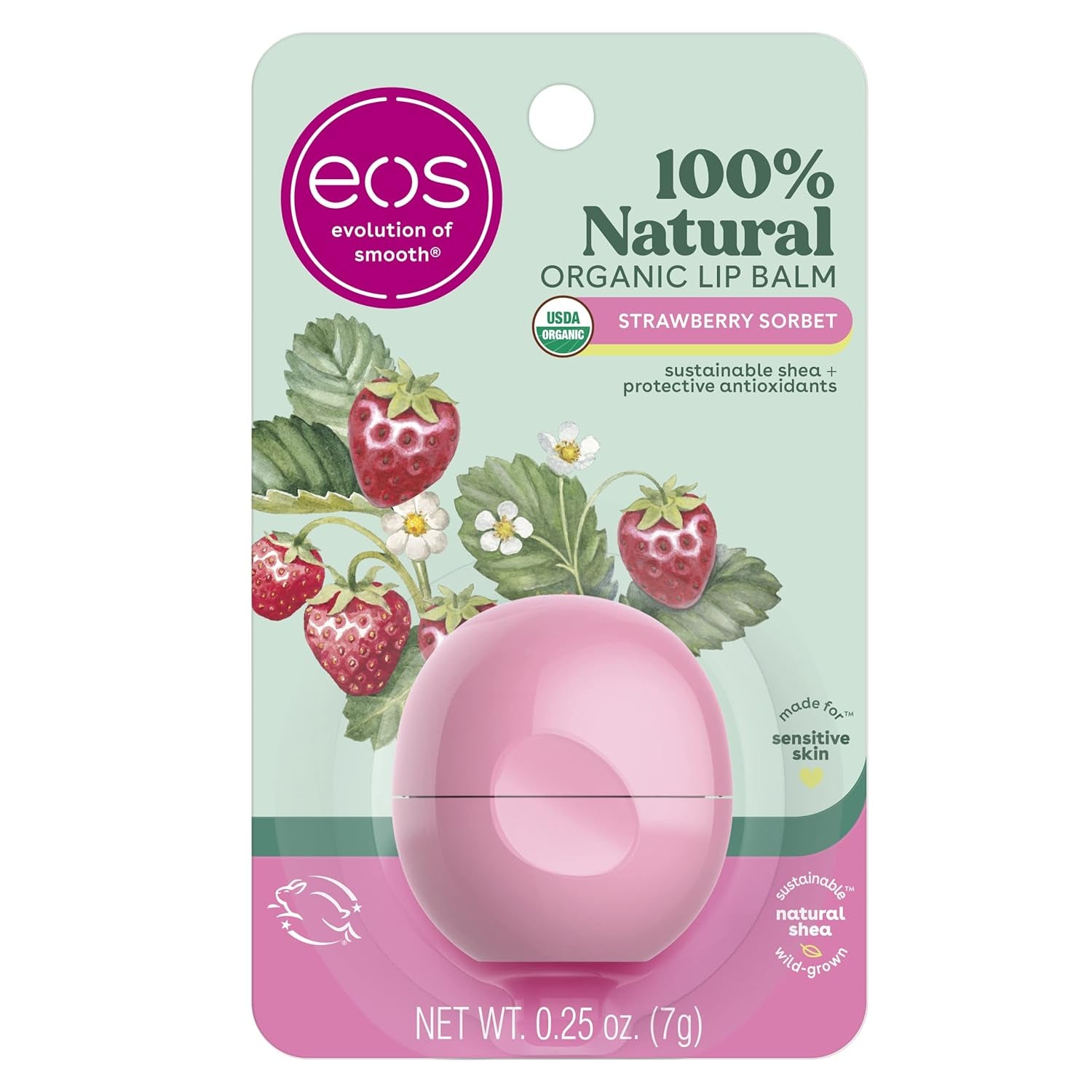 Eos 100% Natural & Organic Lip Balm- Strawberry Sorbet, All-Day Moisture, Dermat