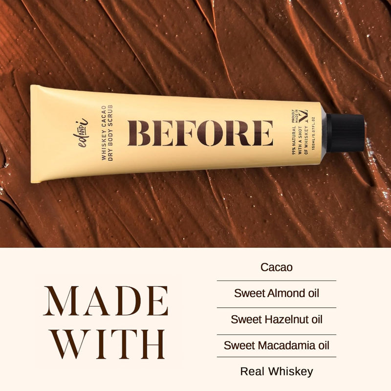 BEFORE Whiskey Cacao Dry Body Scrub, Gentle, Softens, Smooths, Moisturizing, Exfoliating, Removes Dead Skin, 5.07 Oz