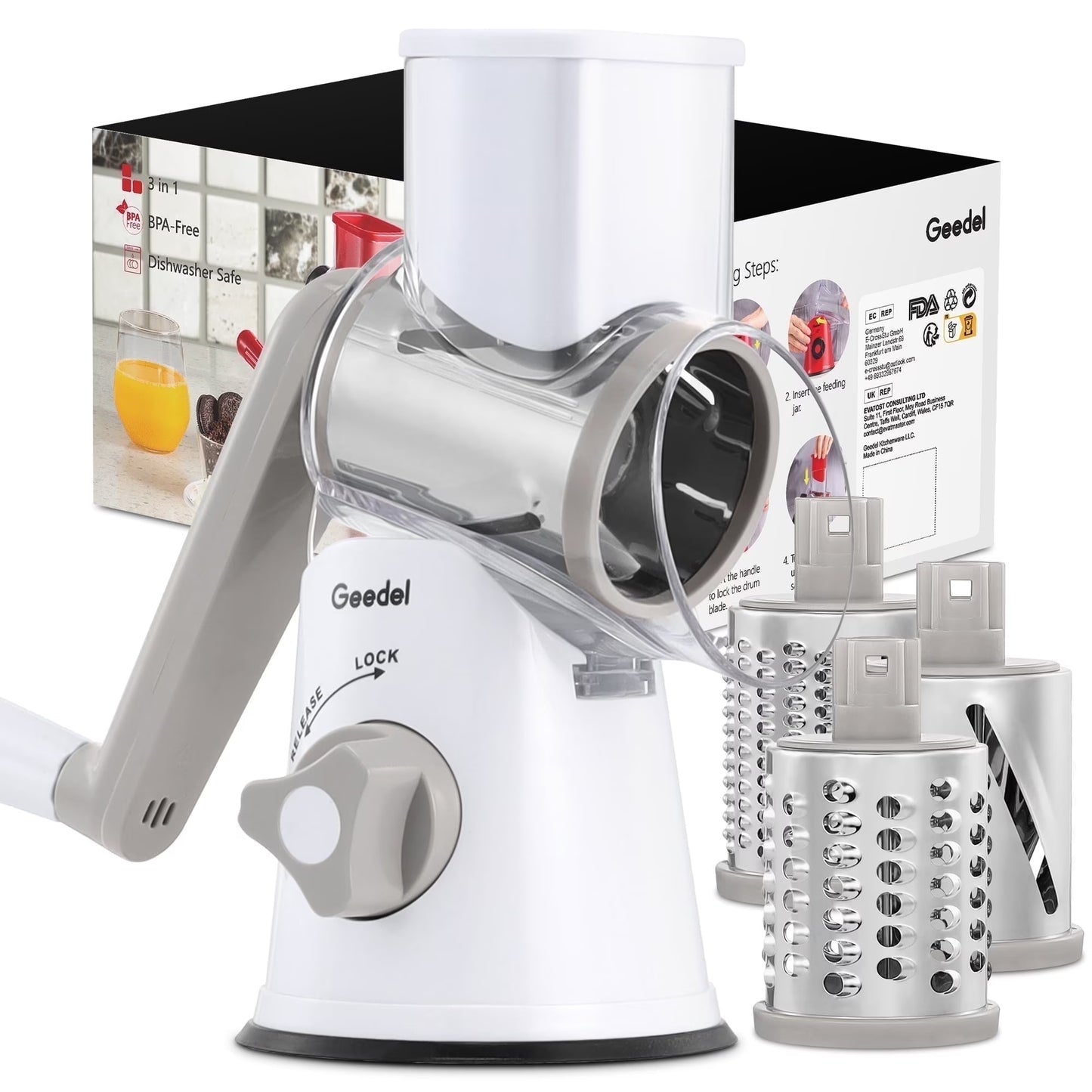 Rotary Cheese Grater, Kitchen Grater Vegetable Slicer with 3 Interchangeable Blades, Powerful Suction, Dishwasher Safe, Easy to Clean Grater for Vegetable, Fruit, Nuts