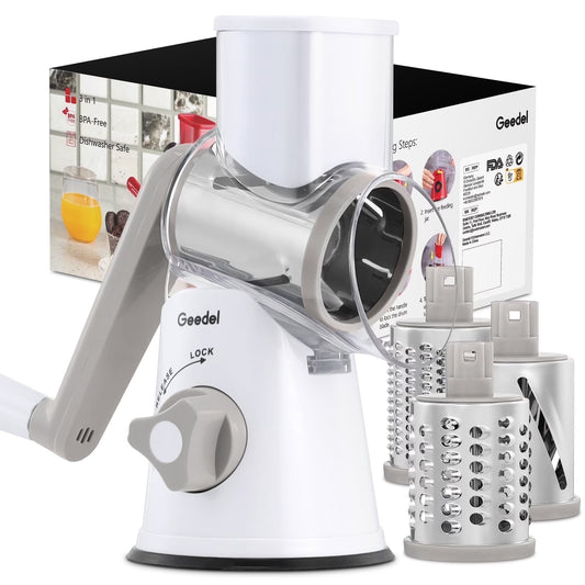 Rotary Cheese Grater, Kitchen Grater Vegetable Slicer with 3 Interchangeable Blades, Powerful Suction, Dishwasher Safe, Easy to Clean Grater for Vegetable, Fruit, Nuts