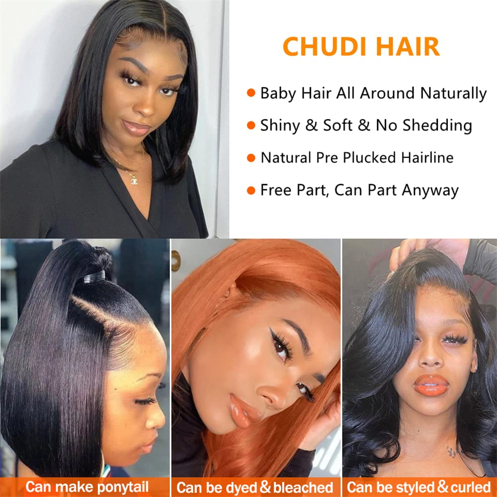 4X4 Bob Closure Wigs Human Hair 180% Density Glueless HD Lace Straight Bob Wigs Pre Plucked Natural Hairline Unprocessed Brazilian Human Hair for Women 14 Inch