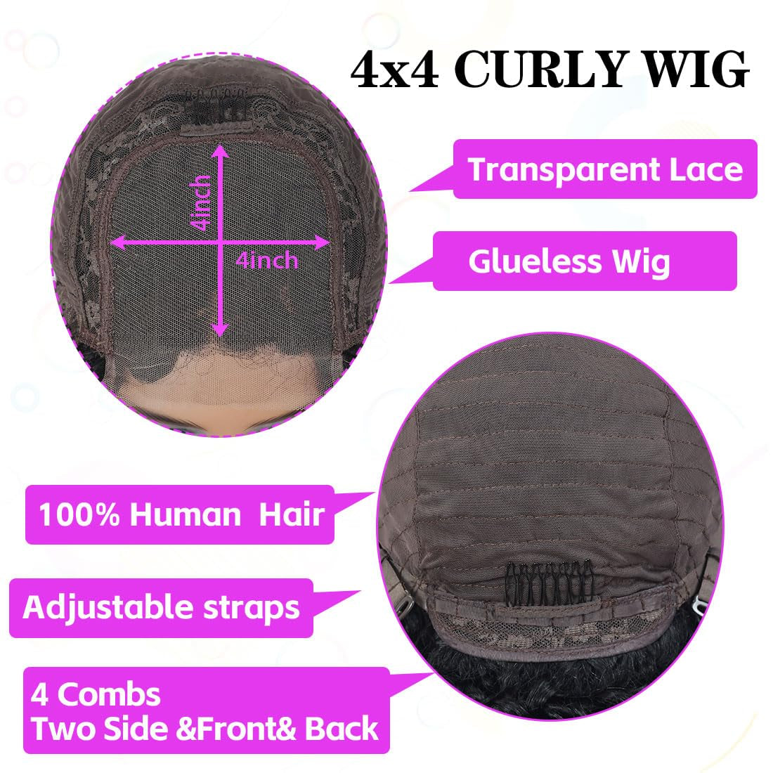 Curly Bob Wigs Human Hair Water Wave 4X4 Closure Glueless Wet and Wavy Lace Front Wigs Human Hair for Black Women with Baby Hair 180% Density Curly Human Hair Wigs Natural Color 24Inch