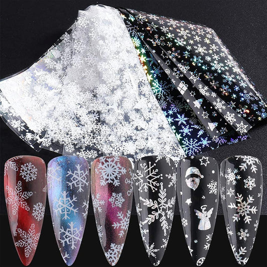 Snowflake Nail Foil Transfer Stickers Christmas, 10 Sheets Nail Art Supplies Nail Foil Transfers Decals Laser White Snowflakes Xmas Tree Elk Star Nails Foils Design Manicure Tips Decoration (Black White)