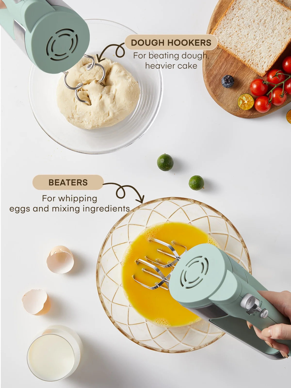 6 Speed Hand Mixer with Turbo Boost, Kitchen Hand Held Mixer Immersion Blender for Food Whipping, Includes 3 Attachments, Green